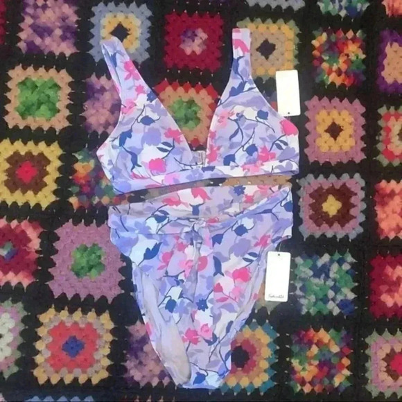 NWT Splendid Floral Print High Waist Bikini Set V Neck Two Piece Swimsuit - Picture 4 of 12